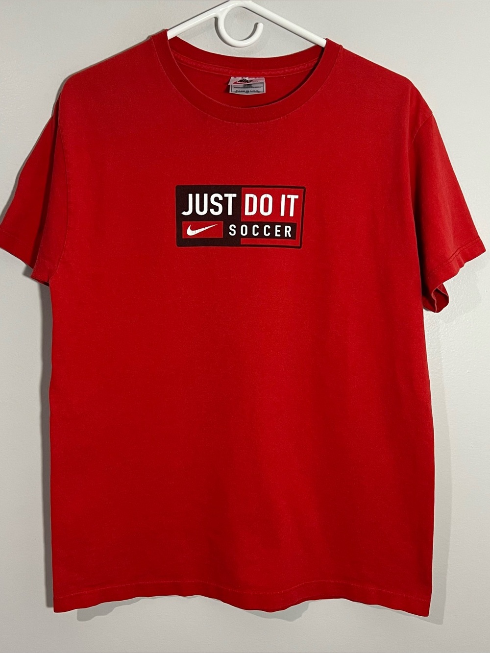 Vintage Nike White Tag Just Do It Soccer Red Black Short Sleeve T-Shirt Mens XL